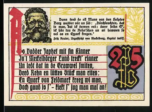 Notgeld Rhena i. Meckl. 1921, 25 Pfennig, Fritz Reuter, Kirche am Wasser