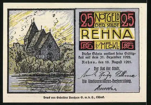 Notgeld Rhena i. Meckl. 1921, 25 Pfennig, Fritz Reuter, Kirche am Wasser