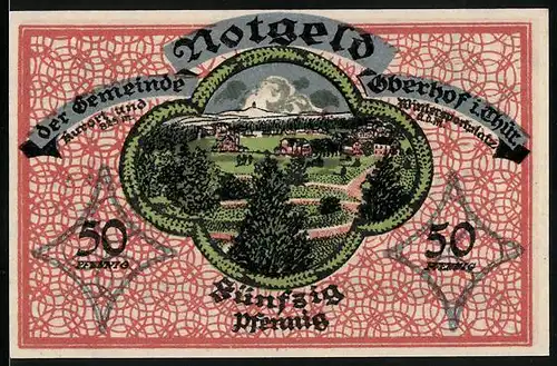 Notgeld Oberhof i. Thür. 1919, 50 Pfennig, Ortsansicht mit Wiesen