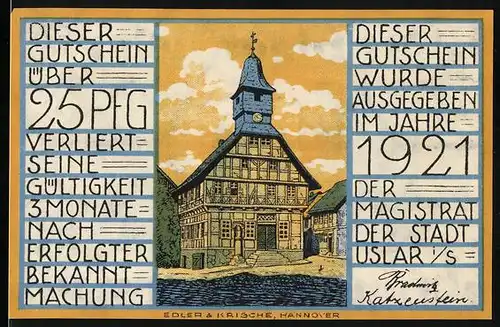 Notgeld Uslar i. S. 1921, 25 Pfennig, Fachwerkhaus