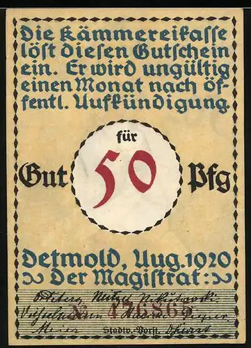 Notgeld Lippe-Detmold 1920, 50 Pfennig, Soldat in Uniform