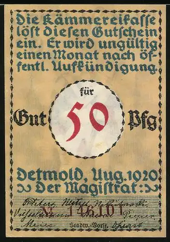 Notgeld Lippe-Detmold 1920, 50 Pfennig, Soldat mit Gewehr