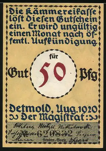 Notgeld Lippe-Detmold 1920, 50 Pfennig, Soldat im Marschschritt