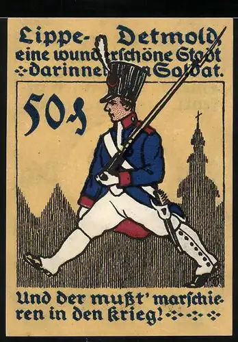 Notgeld Lippe-Detmold 1920, 50 Pfennig, Marschierender Soldat mit Gewehr