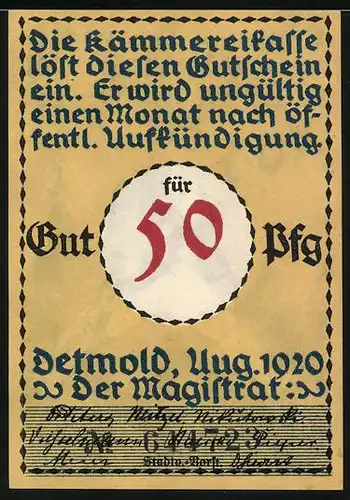 Notgeld Lippe-Detmold 1920, 50 Pfennig, Marschierender Soldat mit Gewehr