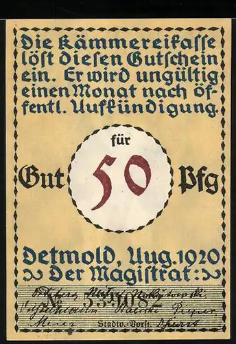 Notgeld Lippe-Detmold 1920, 50 Pfennig, Soldat in Uniform mit Gewehr