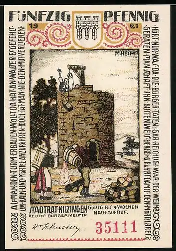 Notgeld Kitzingen 1921, 50 Pfennig, Bau eines Turmes
