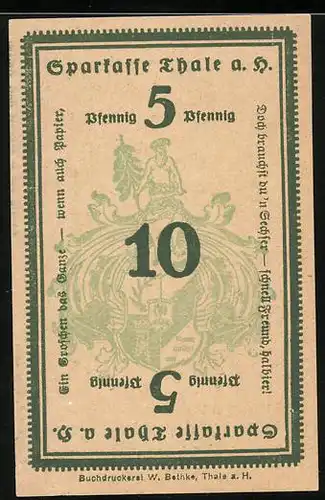 Notgeld Thale a. H. 1921, 5 Pfennig, Wappen u. Gebäude