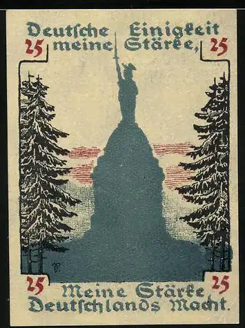 Notgeld Detmold 1920, 25 Pfennig, Hermannsdenkmal mit Bäumen