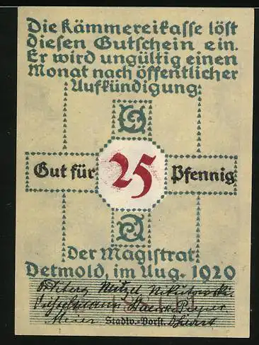 Notgeld Detmold 1920, 25 Pfennig, Hermannsdenkmal mit Bäumen