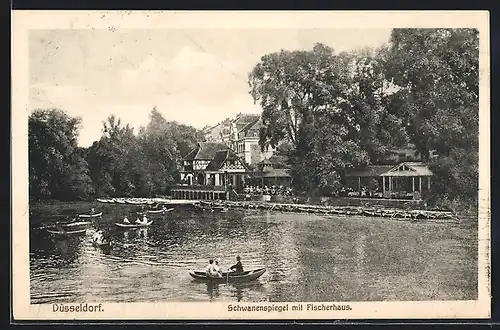 AK Düsseldorf, Schwanenspiegel mit Fischerhaus