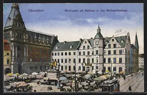 AK Düsseldorf, Marktplatz mit Rathaus und Strassenbahn