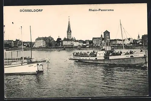 AK Düsseldorf, Rhein-Panorama mit Dampfer