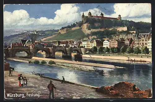 Künstler-AK Würzburg, Festung und Brücke