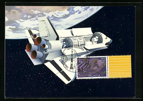 Künstler-AK Space Shuttle mit Spacelab