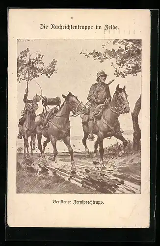 Künstler-AK Die Nachrichten im Felde, Berittener Fernsprechtrupp