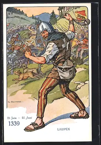 Künstler-AK sign. Ed. Elzingre: Laupen, Schweizer Soldat des 14. Jahrhunderts