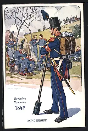 Künstler-AK sign. Ed. Elzingre: Der Schweizer Soldat im Laufe der Jahrhunderte, Sonderbund 1847, Historische Uniform