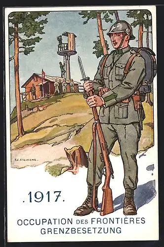 Künstler-AK sign. Ed. Elzingre: Der Schweizer Soldat im Laufe der Jahrhunderte, Grenzbesetzung 1917, Historische Uniform