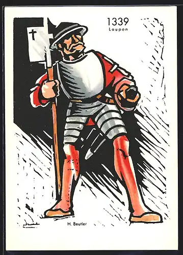 Künstler-AK sign. H. Beutler: Schweizer Ritter aus Laupen in Stahlrüstung mit Schwert 1339