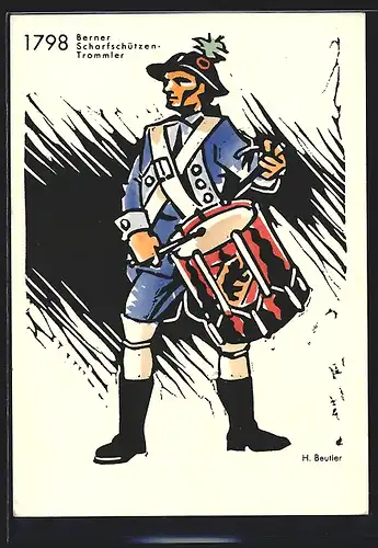Künstler-AK sign. H. Beutler: Berner Scharfschützen-Trommler in Uniform 1798