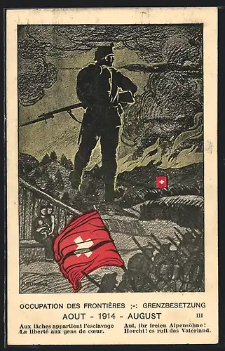 Künstler-AK Schweizer Grenzbesetzung 1914, Soldaten in den Bergen
