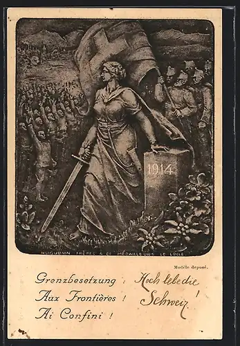 Künstler-AK Grenzbesetzung 1914, Helvetia mit Schwert und Soldaten