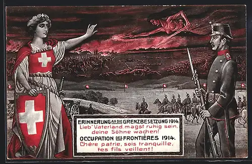 Künstler-AK Grenzbesetzung 1914, Schweizer Soldat in Uniform mit Gewehr und Helvetia mit Schild