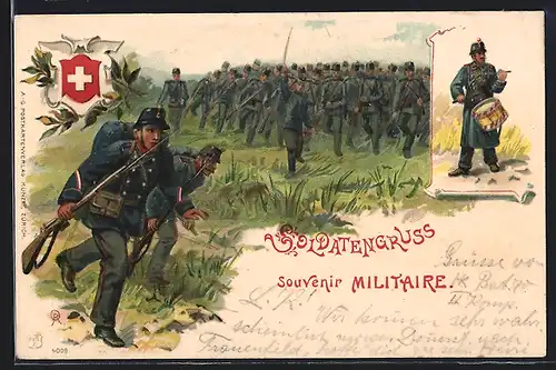 Lithographie Soldatengruss, Schweizer Infanterie im Feld
