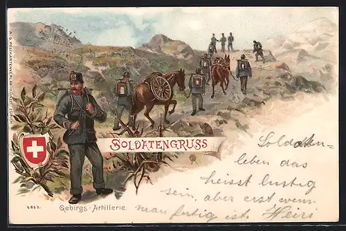 Lithographie Schweizer Gebirgs-Artillerie in Uniform mit Pferden am Marschieren