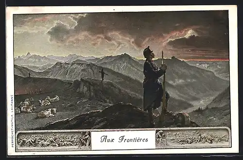 Künstler-AK Soldaten bewachen die schweizer Grenze, 1914-15