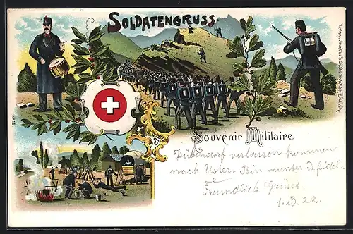 Lithographie Schweizer Soldaten beim Marschieren, mit Trommel und am Feuer