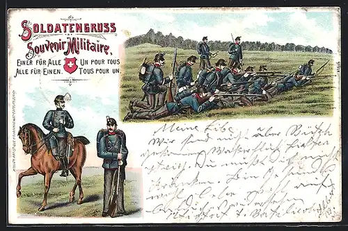 Lithographie Soldaten in Uniform mit Gewehren auf dem Feld, schweizer Soldat zu Pferd