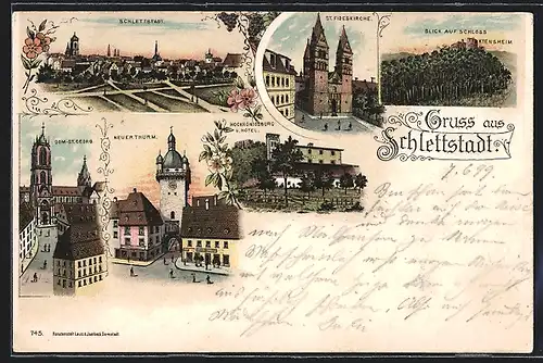 Lithographie Schlettstadt, Hochkönigsburg u. Hotel, Dom-St. Georg, Neuer thurm