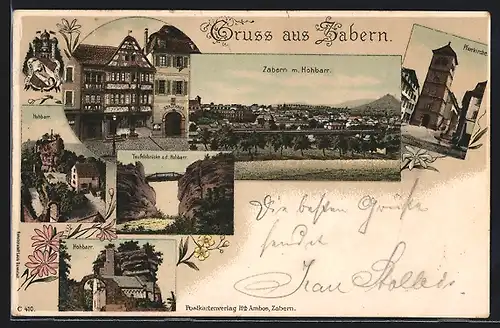Lithographie Zabern, Hohbarr, Teufelsbrücke a. d. Hohbarr, Pfarrkirche, Stadthaus
