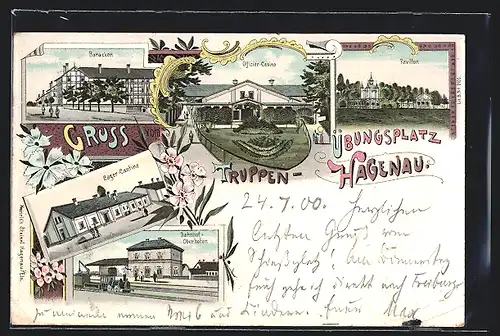 Lithographie Hagenau, Übungsplatz, Bahnhof Oberhofen, Baracken, Cantine, Offizier-Casino, Pavillon