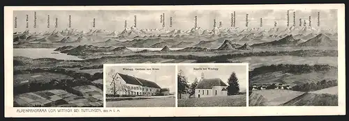 Klapp-AK Windegg, Gasthaus zum Kreuz, Kapelle, Alpenpanorama vom Witthoh