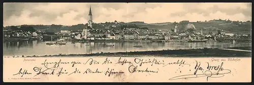 Klapp-AK Vilshofen, Panorama mit Dampfer und Kirche