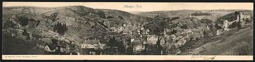 Klapp-AK Montjoie, Panorama mit Fachwerkshäusern und Ruine