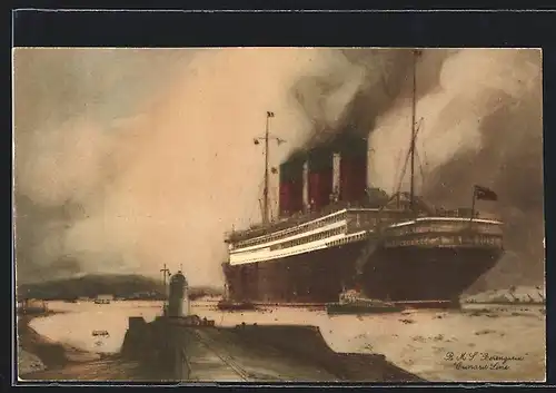 Künstler-AK Hafenausfahrt des Passagierschiffes RMS Berengaria der Cunard Line