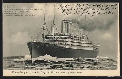 Künstler-AK Riesendampfer Kaiserin Auguste Victoria der Hamburg-Amerika Linie