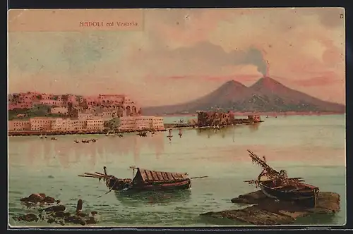 AK Napoli / Neapel, col Vesuvio, Hafenpanorama mit dem Vulkan