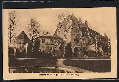 AK Jagsthausen /Württ., Götzenburg mit Teich