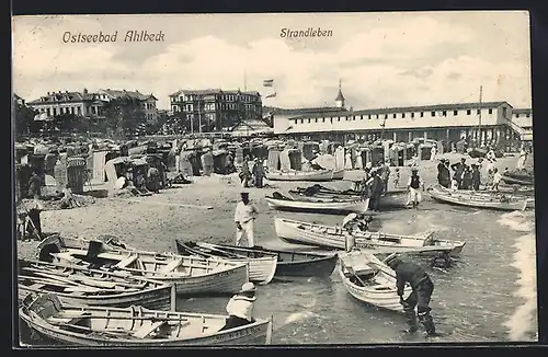 AK Ahlbeck /Ostsee, Strandleben mit Fischerbooten