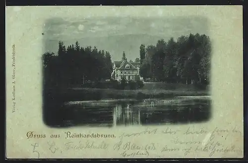 Mondschein-AK Reinhardsbrunn, Villa, vom Wasser gesehen