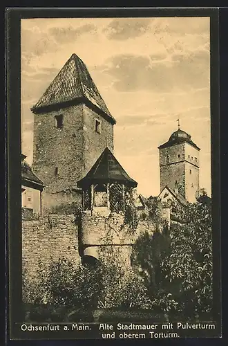 AK Ochsenfurt a. Main, Alte Stadtmauer mit Pulverturm und oberem Torturm