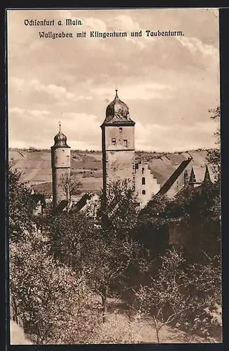 AK Ochsenfurt a. M., Wallgraben mit Klingerturm und Taubenturm