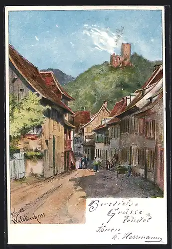 Künstler-AK Waldkirch, Strassenpartie mit Ruine