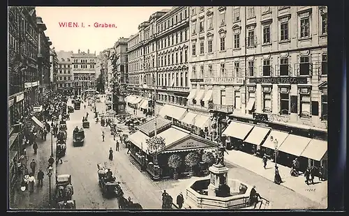 AK Wien, Graben, belebte Partie mit Brunnen und Café Schrancl