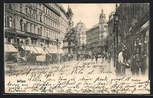 AK Wien, Graben mit Passanten und Pferdekutschen